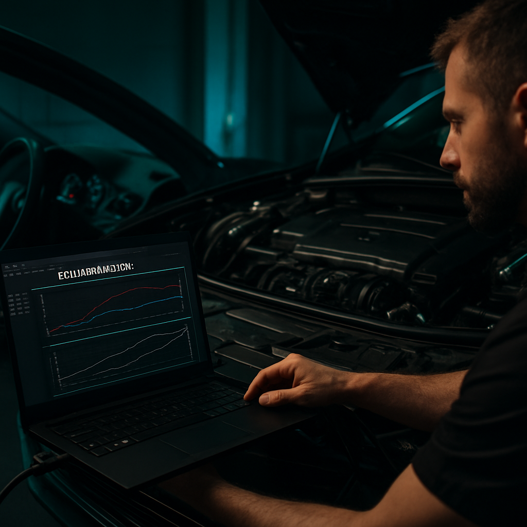 Technician performing ECU remapping with diagnostic software in Cardiff